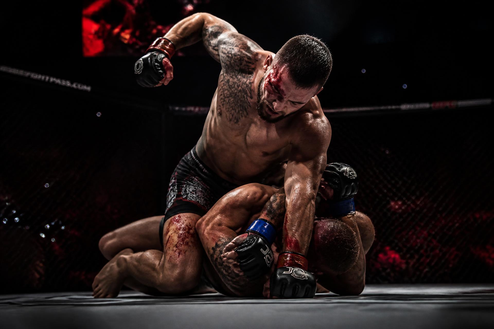 Atletas de MMA em combate dentro do octógono